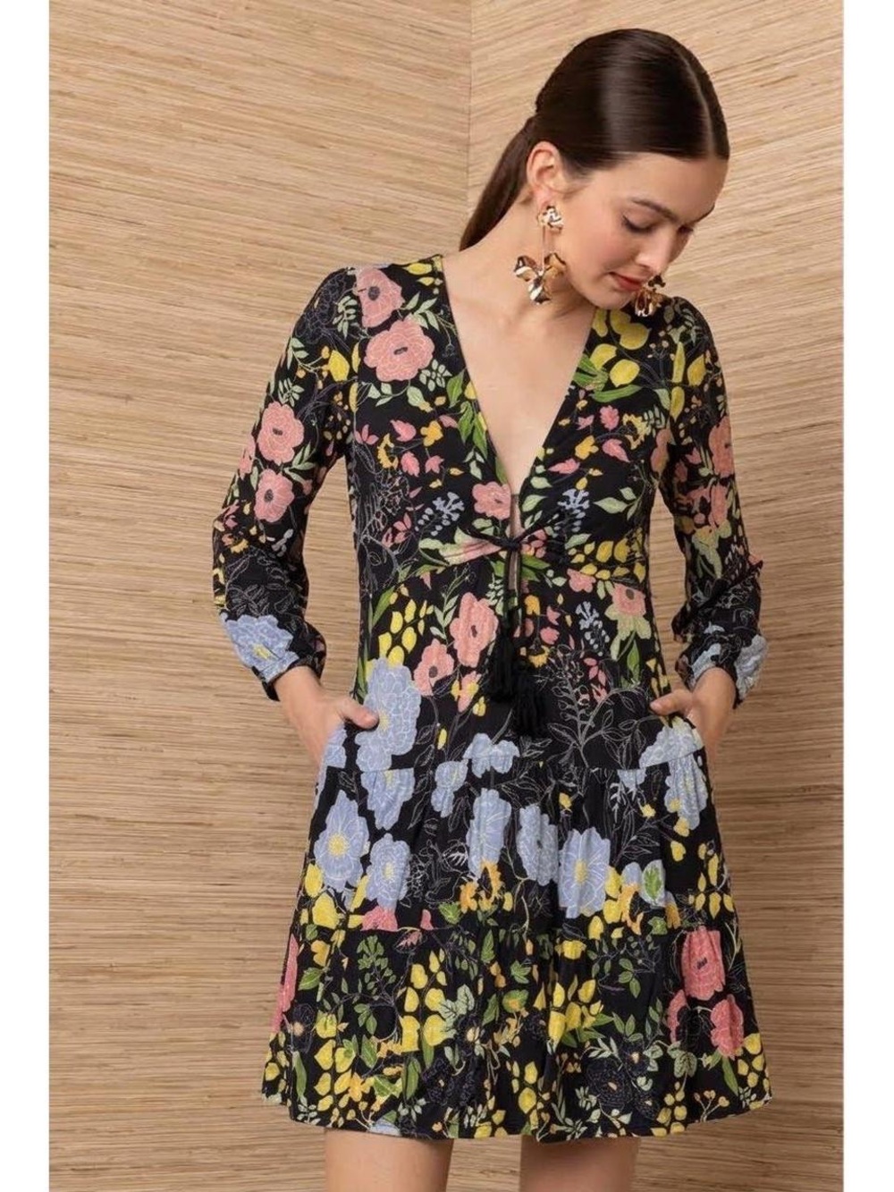 Hale Bob Black Floral Midi Dress (XS)